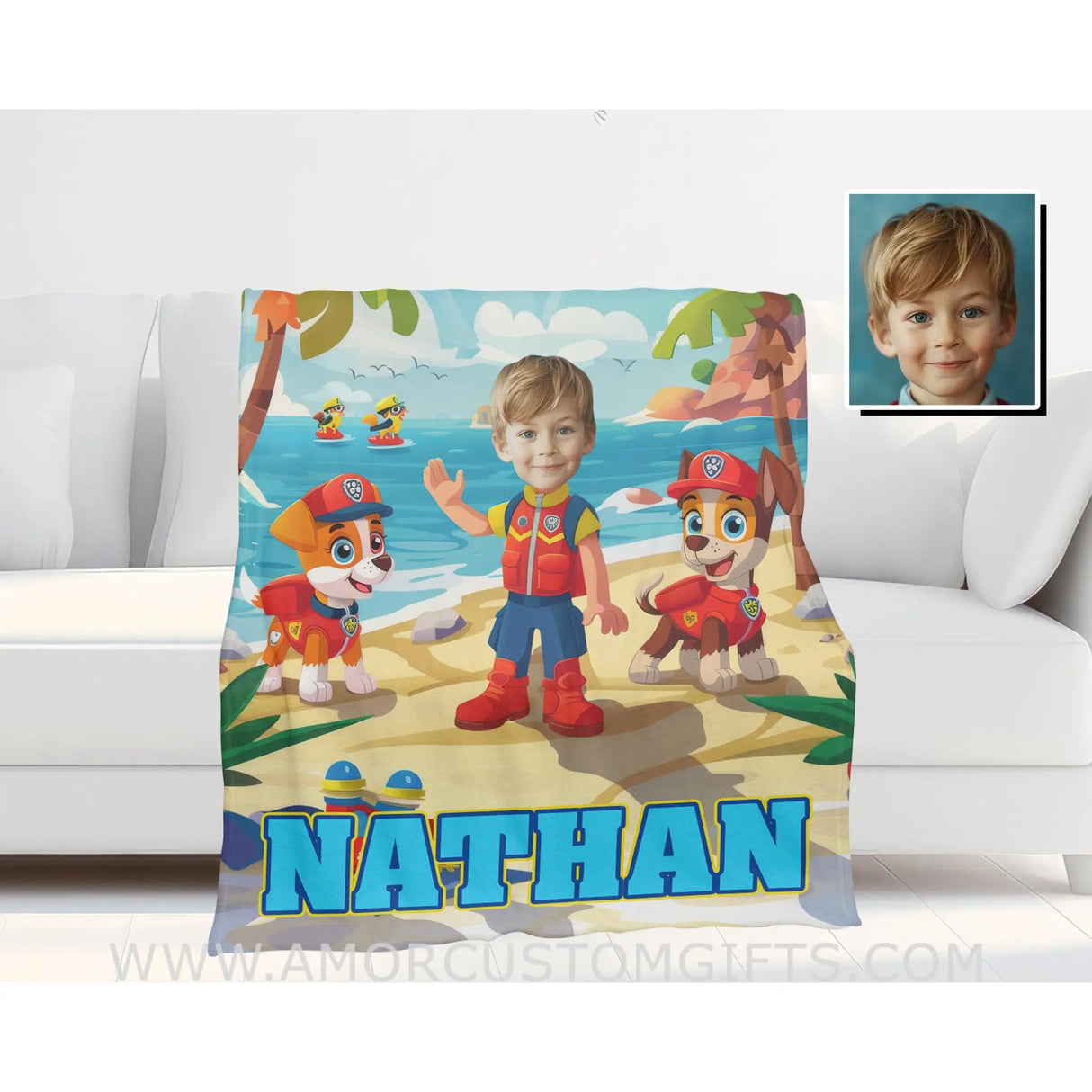 Personalized Ryder Paw Patrol Stand On Beach Photo Blanket Blankets
