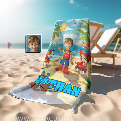 Personalized Ryder Paw Patrol Stand On Beach Photo Towel Towels