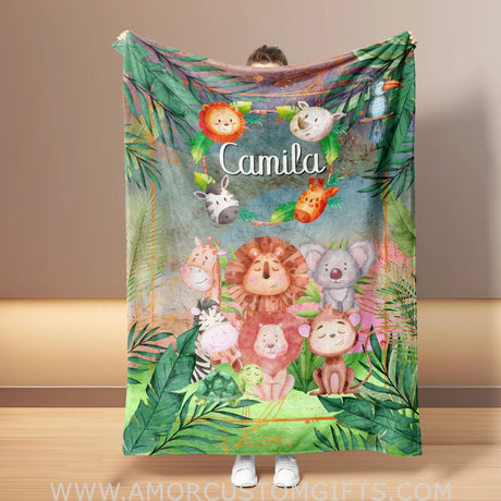 Blankets Personalized Safari Animal Sleep Blanket | Custom Name Blanket For Baby Boy Girl