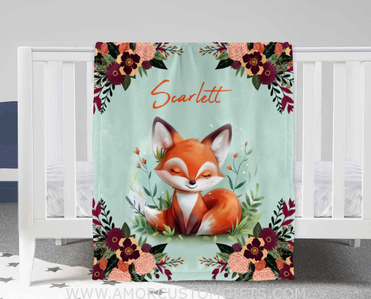 Blankets Personalized Safari Fox Red Flower Blanket | Custom Name Blanket For Baby Girl