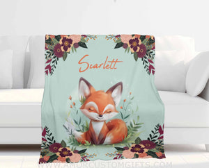 Blankets Personalized Safari Fox Red Flower Blanket | Custom Name Blanket For Baby Girl