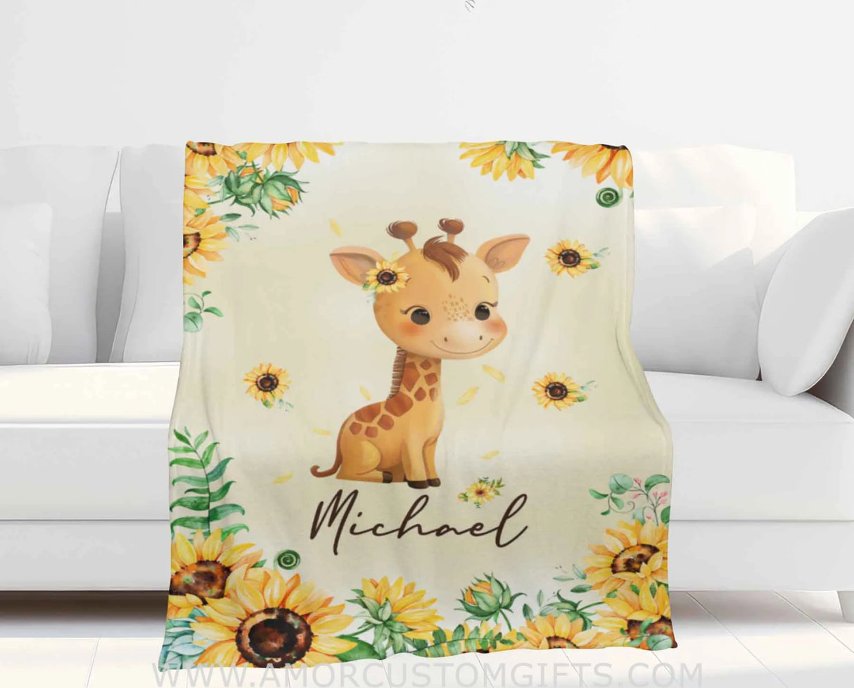 Blankets Personalized Safari Giraffe Sunflower Blanket | Custom Name Blanket For Baby Boys Girls
