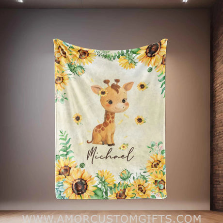 Blankets Personalized Safari Giraffe Sunflower Blanket | Custom Name Blanket For Baby Boys Girls