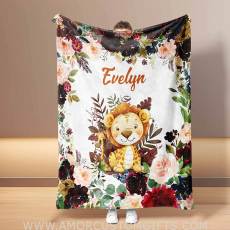 Blankets Personalized Safari Lion Burgundy Floral Blanket | Custom Name Blanket For Baby Boys Girls