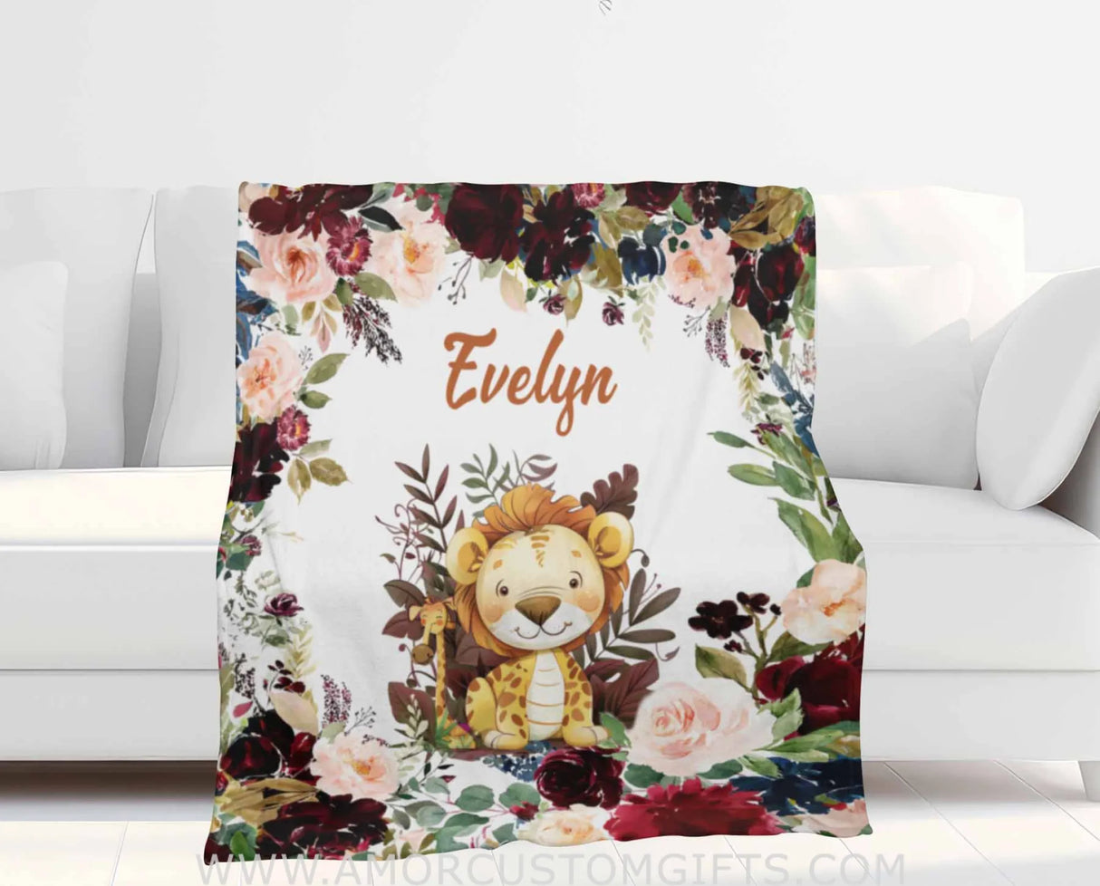 Blankets Personalized Safari Lion Burgundy Floral Blanket | Custom Name Blanket For Baby Boys Girls