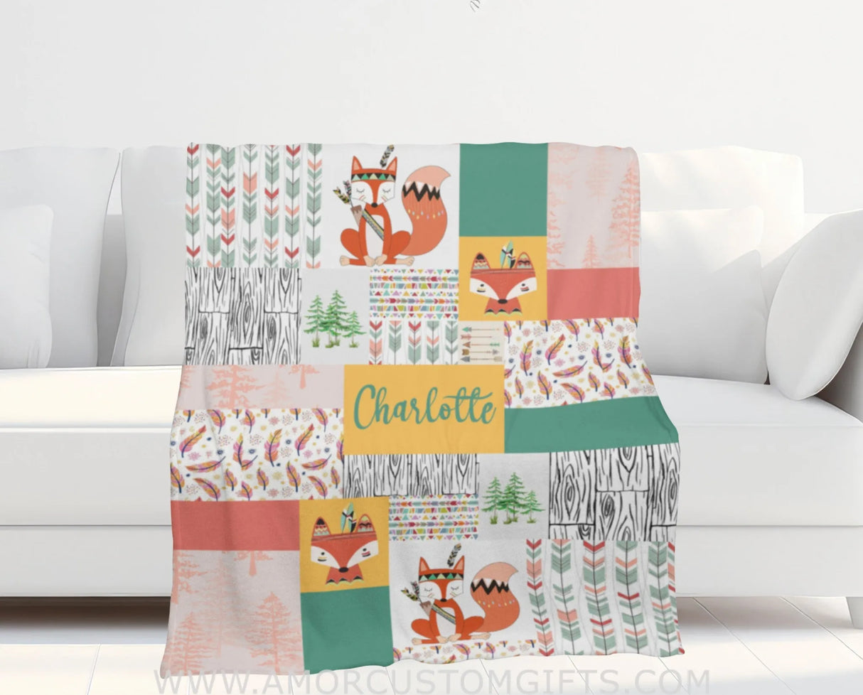 Blankets Personalized Safari Orange Fox Blanket | Custom Name Blanket For Baby Boys Girls