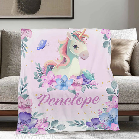 Blankets Personalized Safari Unicorn Flower Blanket | Custom Name Blanket For Baby Girls