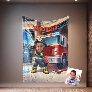 Blankets Personalized Sam Truck Fireman 1 Boy Blanket | Custom Face & Name Vehicle Boy Blanket