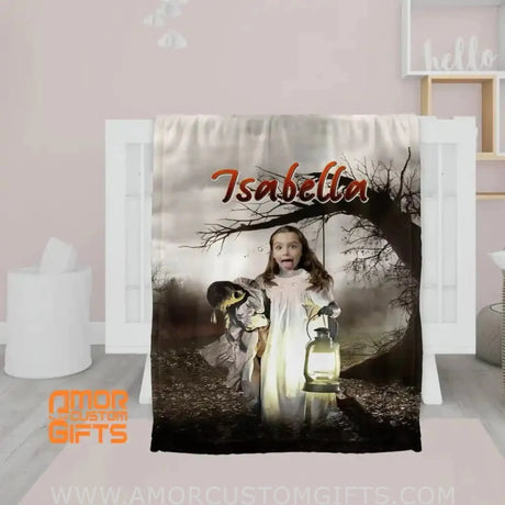 Blankets Personalized Scary Doll Halloween Character Blanket | Custom Face & Name Girl Blanket