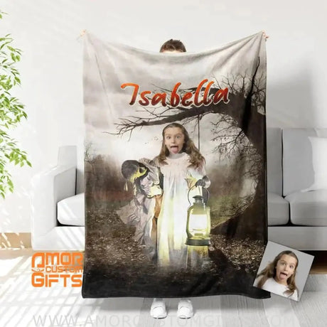 Blankets Personalized Scary Doll Halloween Character Blanket | Custom Face & Name Girl Blanket