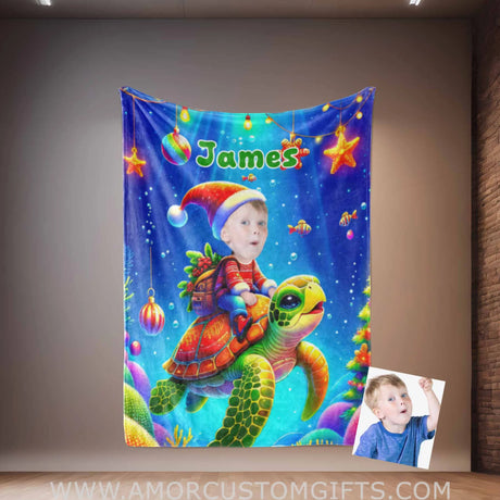Blankets Personalized Sea Turtle Xmas 1 Boy Blanket | Custom Face & Name Boy Photo Blanket