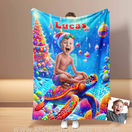 Blankets Personalized Sea Turtle Xmas 2 Boy Blanket | Custom Face & Name Boy Photo Blanket