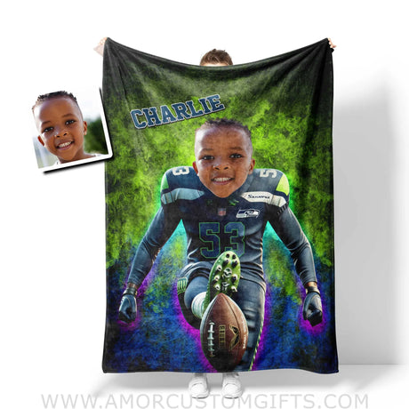 Blankets Personalized Seattle Football Boy Seahawks Photo Blanket | Custom Name & Face Boy Blanket