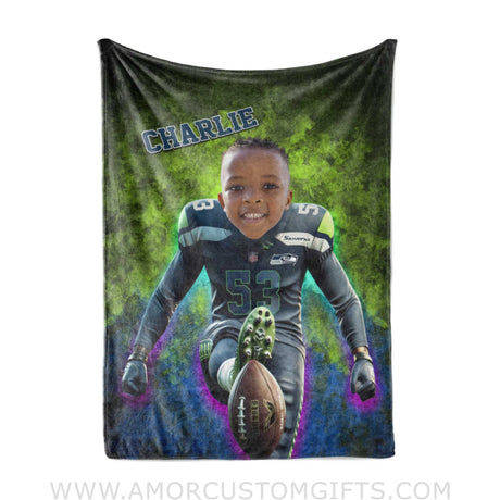 Blankets Personalized Seattle Football Boy Seahawks Photo Blanket | Custom Name & Face Boy Blanket