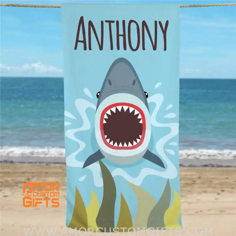 Towels Personalized Shark Bite Beach Towel, Personalized Kids Beach Towel, Fun Summer Gift, Custom Shark Beach Towel, Cute Beach Towel