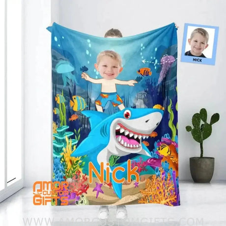 Blankets Personalized Shark Photo Blanket For Boy | Custom Face & Name Boy Shark Riding Under The Sea Blanket