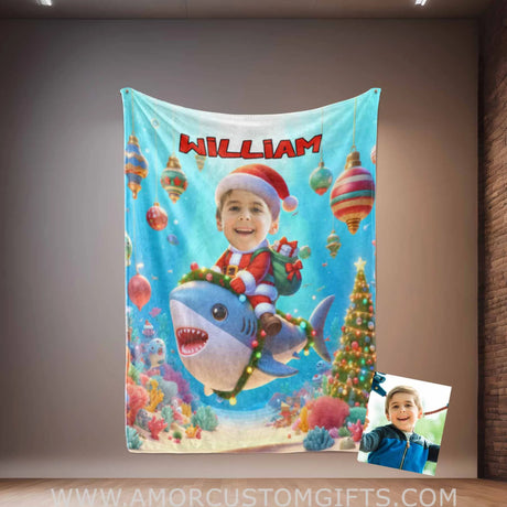 Blankets Personalized Shark Xmas Boy Photo Blanket | Custom Face & Name Boy Photo Blanket