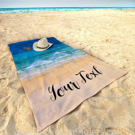 Towels Personalized Signature Style Beach Towel - Plush Customized Towel - for Beach, Pool Summer Fun - Blue - Personalize Name Ocean Waves Sand