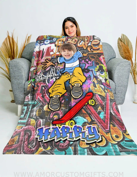 Blankets Personalized Skateboarding Boy Blanket | Custom Face & Name Sport Boy Blanket