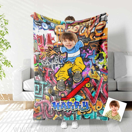 Blankets Personalized Skateboarding Boy Blanket | Custom Face & Name Sport Boy Blanket