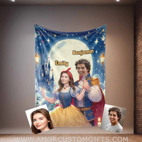 Blankets Personalized Snow White and Prince Florian 2 Blanket | Custom Face & Name Couple Blanket