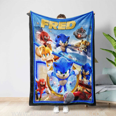 Blankets Personalized Sonic Blanket | Custom Name Cartoon Hedgehog Blanket