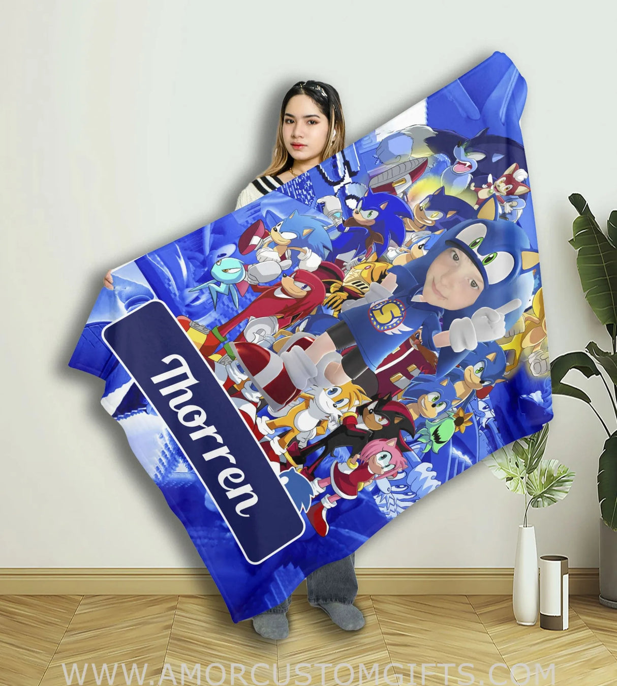 Blankets Personalized Sonic Cartoon 2 Blanket | Custom Face & Name Blanket For Boys