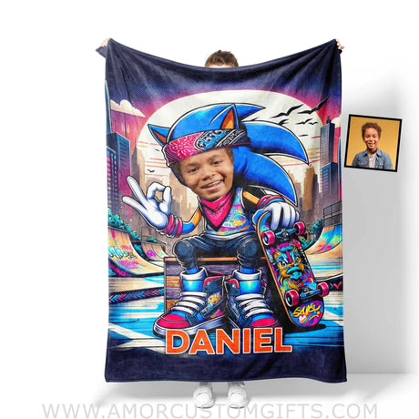Blankets Personalized Sonic The Hedgehog Colorful Skating Blanket | Custom Name & Face Boy Blanket