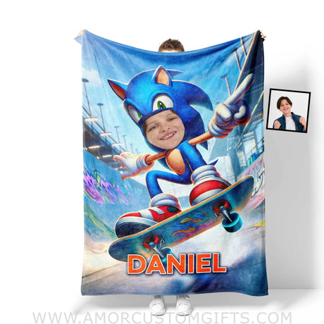 Blankets Personalized Sonic The Hedgehog Skating Blanket | Custom Name & Face Boy Blanket