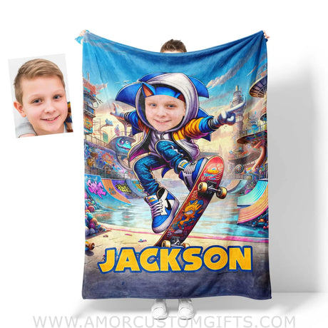Blankets Personalized Sonic The Hedgehog Skating Jumping Goal Blanket | Custom Name & Face Boy Blanket