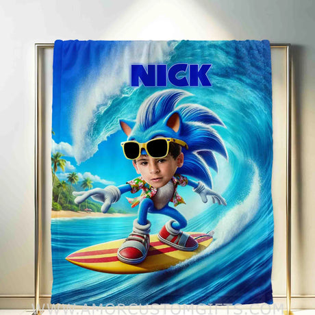 Blankets Personalized Sonic The Hedgehog Surfing Blanket | Custom Name & Face Boy Blanket