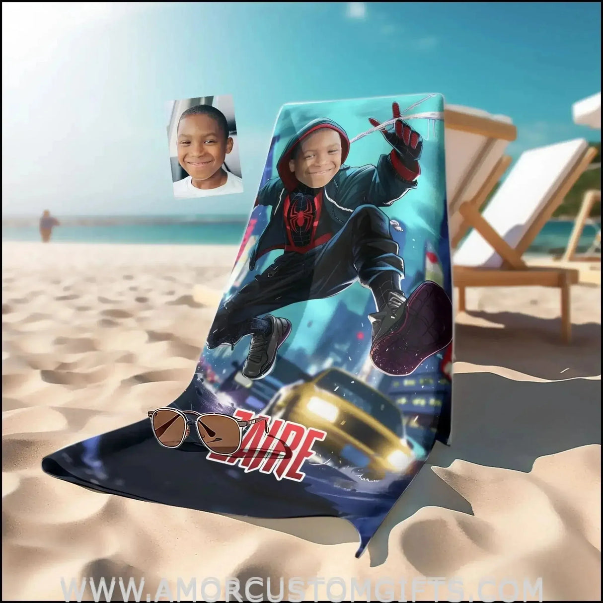 Towels Personalized Spider Boy Afro Black Spider Shooting Silk Beach Towel | Customized Superhero Theme Pool Towel