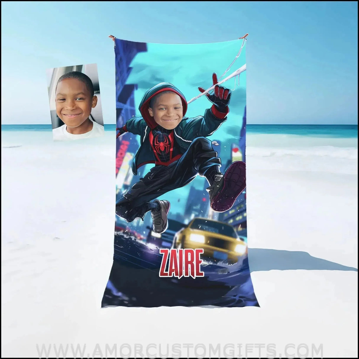 Towels Personalized Spider Boy Afro Black Spider Shooting Silk Beach Towel | Customized Superhero Theme Pool Towel