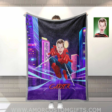 Blankets Personalized Spider Boy In Pink City Blanket | Custom Superhero Blanket For Baby Boys