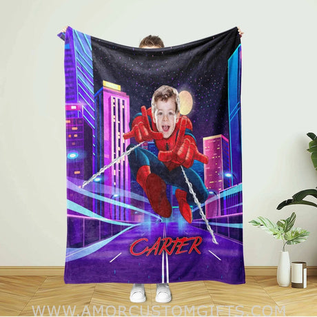Blankets Personalized Spider Boy In Pink City Blanket | Custom Superhero Blanket For Baby Boys