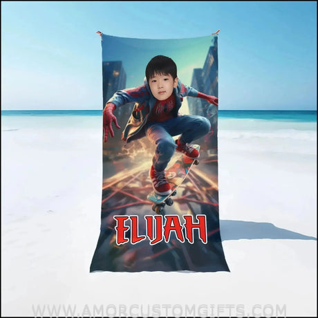 Towels Personalized Spider Boy Jumping On Road Beach Towel | Customized Superhero Theme Pool Towel