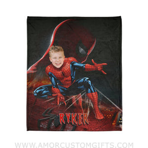 Blankets Personalized Spider Boy Photo Blanket | Custom Face & Name Superhero Spidey Blanket