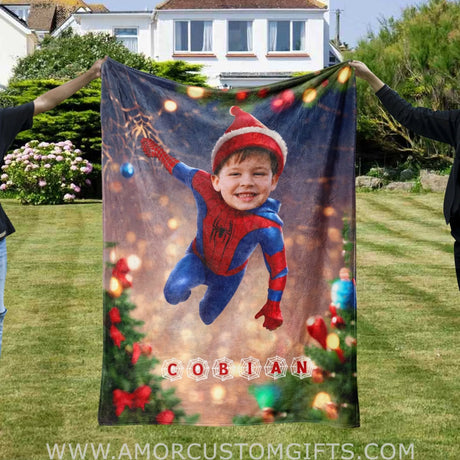 Blankets Personalized Spider Boy Xmas Blanket | Custom Face & Name Spider Christmas Blanket