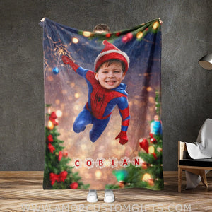 Blankets Personalized Spider Boy Xmas Blanket | Custom Face & Name Spider Christmas Blanket