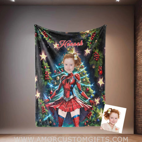 Blankets Personalized Spider Girl Xmas 1 Photo Blanket | Custom Face & Name Superhero Girl Blanket