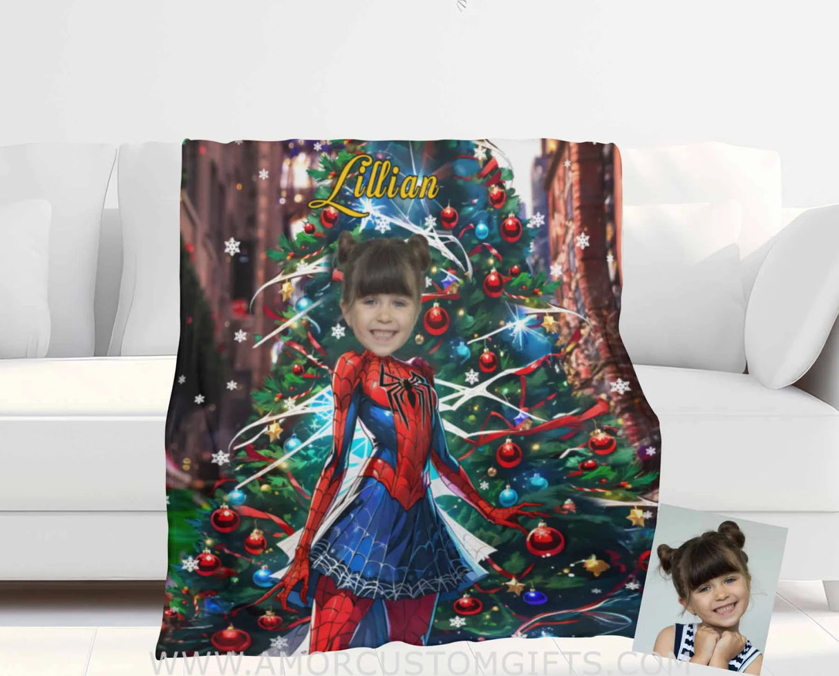 Blankets Personalized Spider Girl Xmas 2 Photo Blanket | Custom Face & Name Superhero Girl Blanket