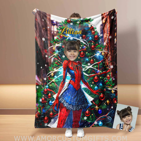 Blankets Personalized Spider Girl Xmas 2 Photo Blanket | Custom Face & Name Superhero Girl Blanket