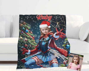 Blankets Personalized Spider Girl Xmas 3 Photo Blanket | Custom Face & Name Superhero Girl Blanket