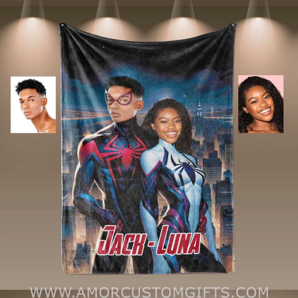 Blankets Personalized Spiderman Gwen Couple 3 Blanket | Custom Face & Name Couple Blanket