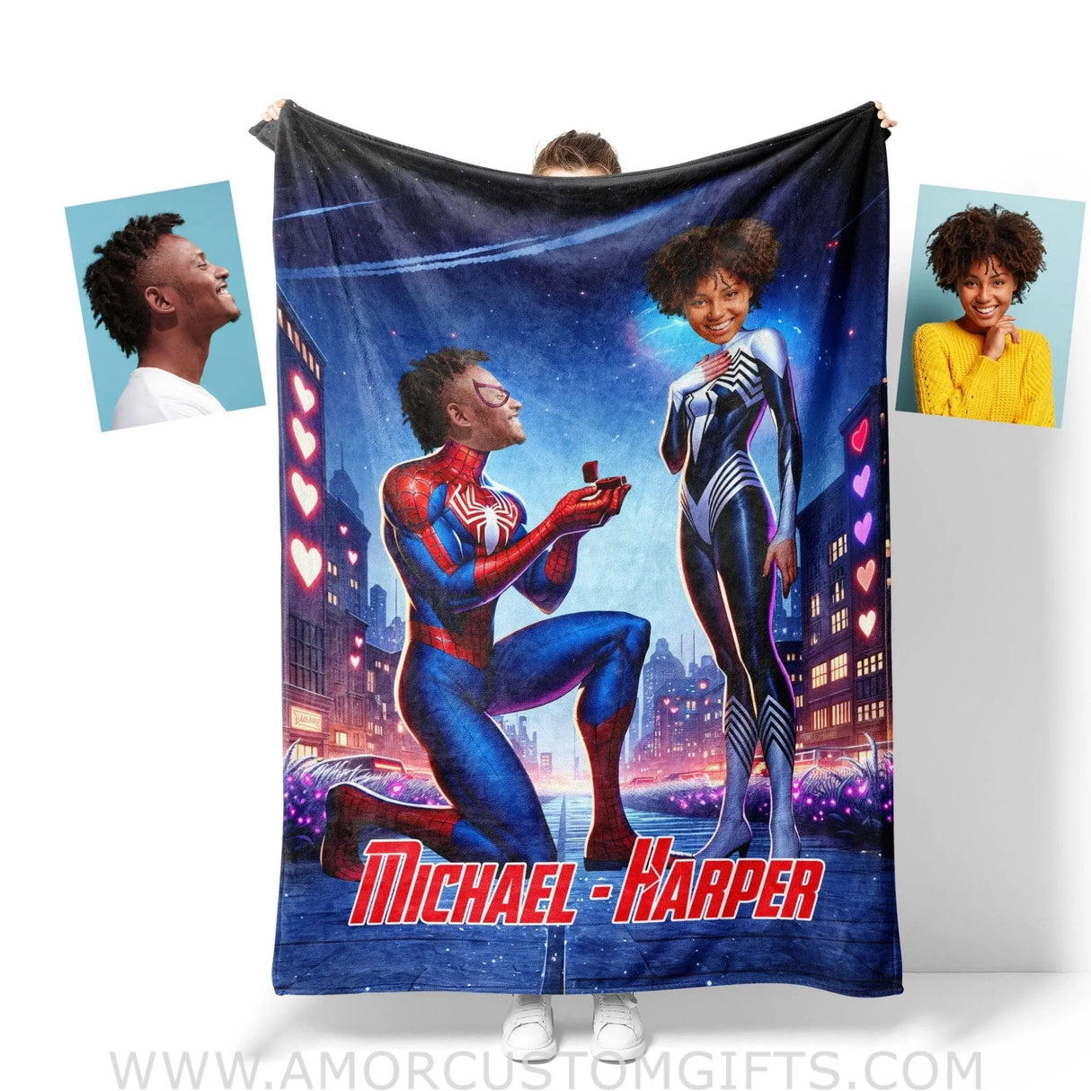 Blankets Personalized Spiderman Gwen Couple 4 Blanket | Custom Face & Name Couple Blanket