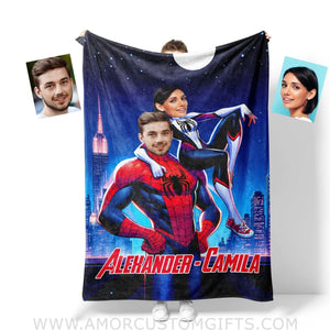 Blankets Personalized Spiderman Gwen Couple 5 Blanket | Custom Face & Name Couple Blanket