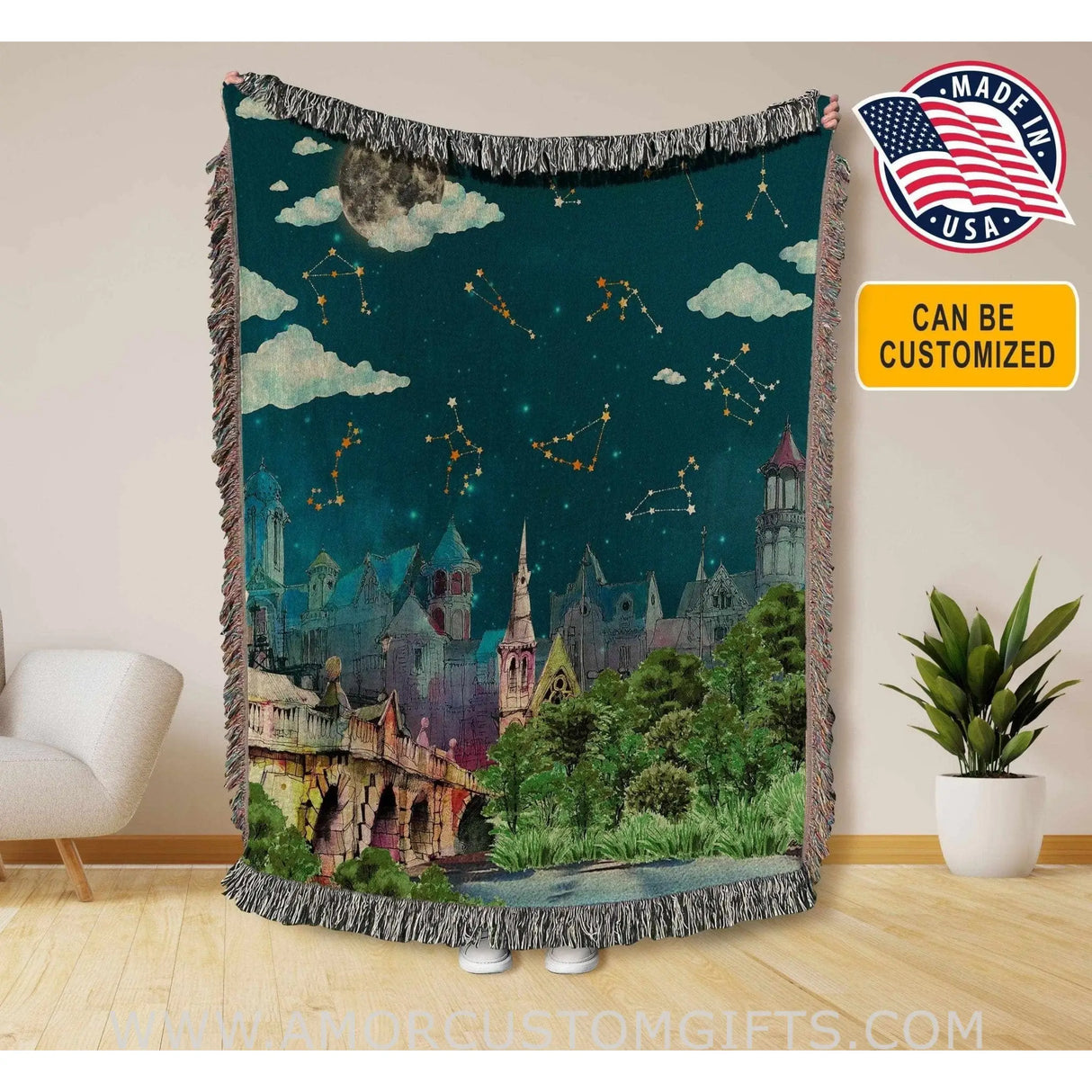 Blankets Personalized Star Truck In City At Night Woven Blanket - Tropical Boho Style Throw Home  Decor and Gifts