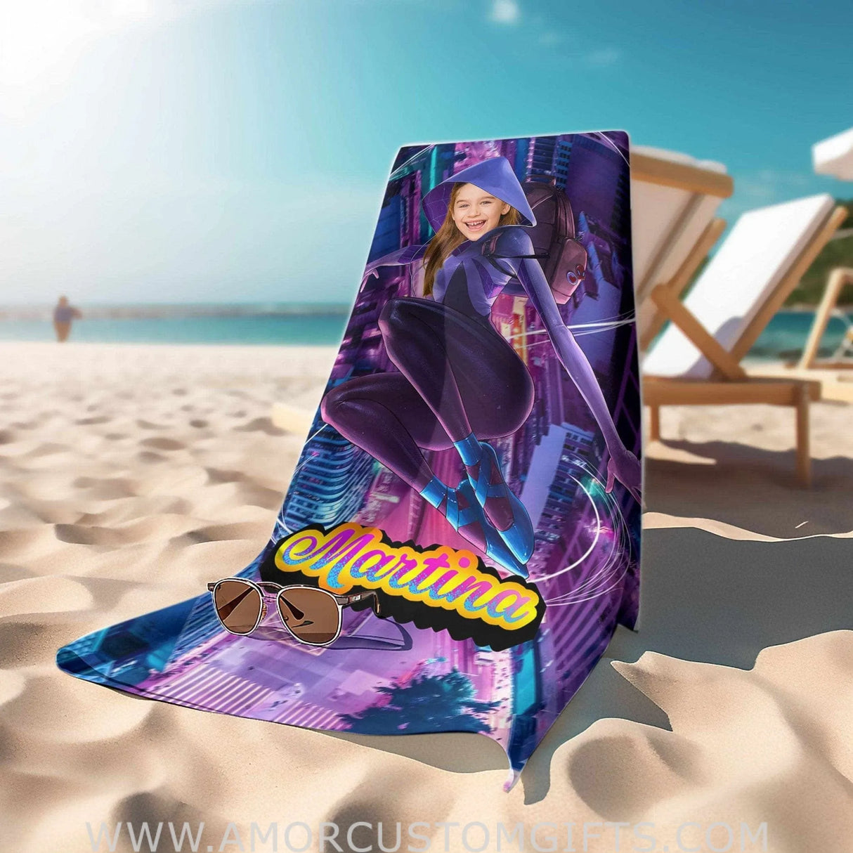 Towels Personalized Summer Superhero Girl Spider Woman Gwen At Purple City Beach Towel