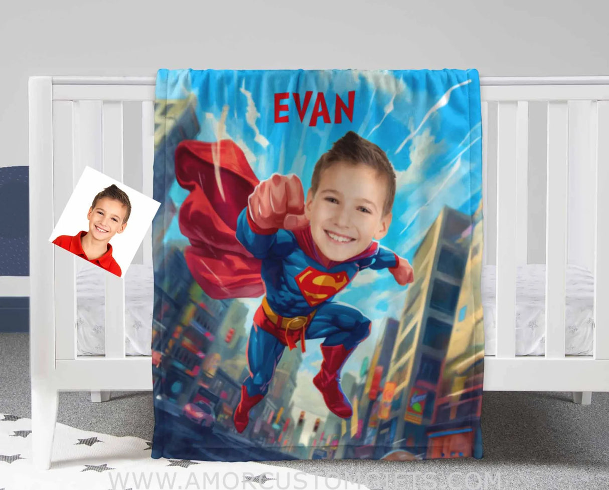 Personalized Super Boy 4 Flying Through City Blanket | Custom Superhero Blankets