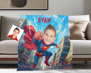 Personalized Super Boy 4 Flying Through City Blanket | Custom Superhero Blankets